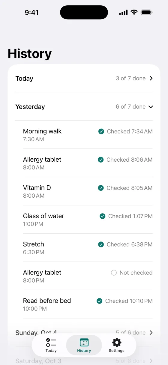 No streaks to lose. A missed day is just a day.