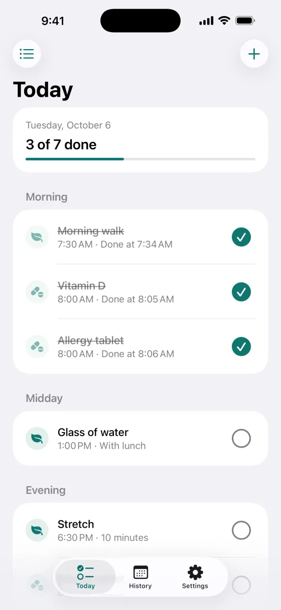 Pill reminder for meds and habits. One calm checklist for your day.